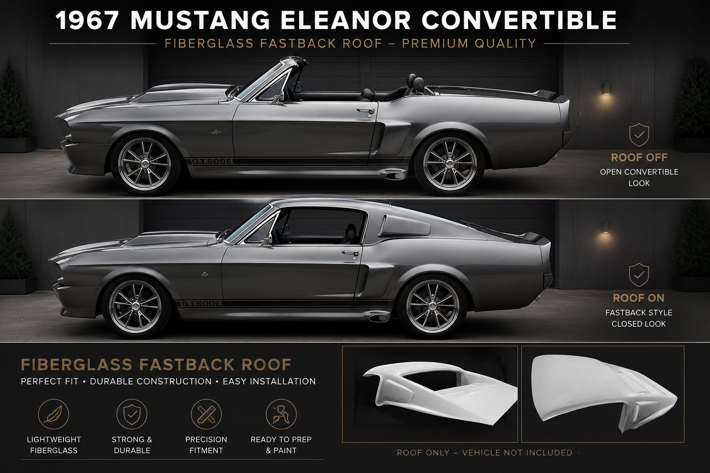 Fiberglass Removable Fastback Roof for Convertible 1967-1968 (improved american version)